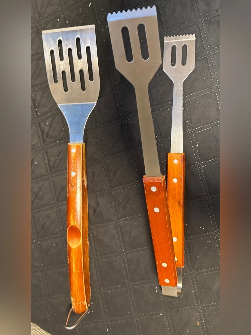 Wood-Handled Stainless Steel BBQ Spatula and Tongs Set - Brown